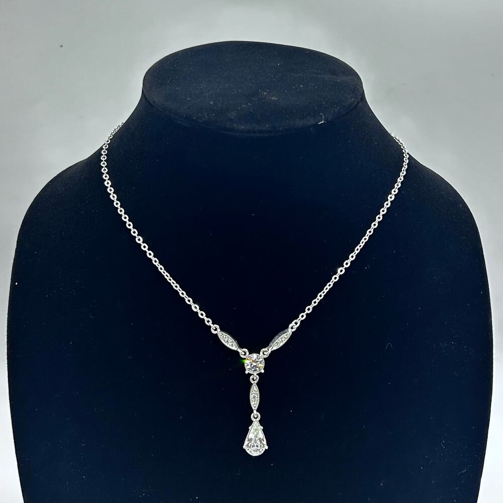 Vintage Napier Rhinestone Silver Tone Teardrop Y Drop Necklace Costume Jewelry